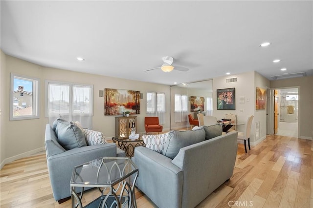 5894 E Appian Way, Long Beach, CA 90803 - living area featuring healthy amount of natural light, baseboards, light wood-type flooring, ceiling fan, and recessed lighting