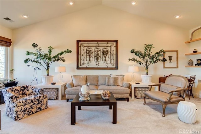 4451 Casa Sierra, Paradise, CA 95969 - living area featuring light colored carpet, vaulted ceiling, and recessed lighting