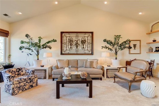 4451 Casa Sierra, Paradise, CA 95969 - living room with light carpet, vaulted ceiling, and recessed lighting
