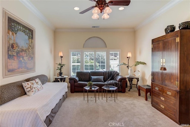 4451 Casa Sierra, Paradise, CA 95969 - living room featuring light carpet, ornamental molding, and a ceiling fan