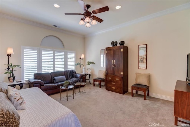 4451 Casa Sierra, Paradise, CA 95969 - bedroom with crown molding, light colored carpet, baseboards, a ceiling fan, and recessed lighting