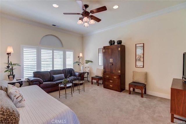 4451 Casa Sierra, Paradise, CA 95969 - bedroom with ornamental molding, light colored carpet, baseboards, ceiling fan, and recessed lighting