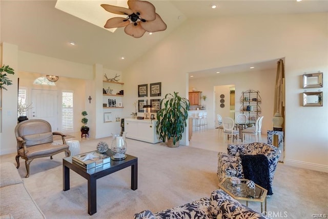 4451 Casa Sierra, Paradise, CA 95969 - living room featuring light carpet, ceiling fan, high vaulted ceiling, and recessed lighting