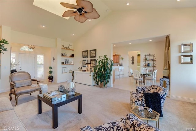4451 Casa Sierra, Paradise, CA 95969 - living room with light colored carpet, a ceiling fan, high vaulted ceiling, and recessed lighting