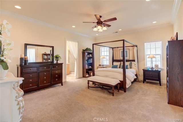 4451 Casa Sierra, Paradise, CA 95969 - bedroom featuring light carpet, multiple windows, recessed lighting, crown molding, and baseboards
