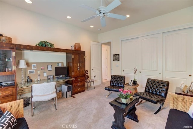 4451 Casa Sierra, Paradise, CA 95969 - living room featuring a desk, carpet flooring, ceiling fan, and recessed lighting