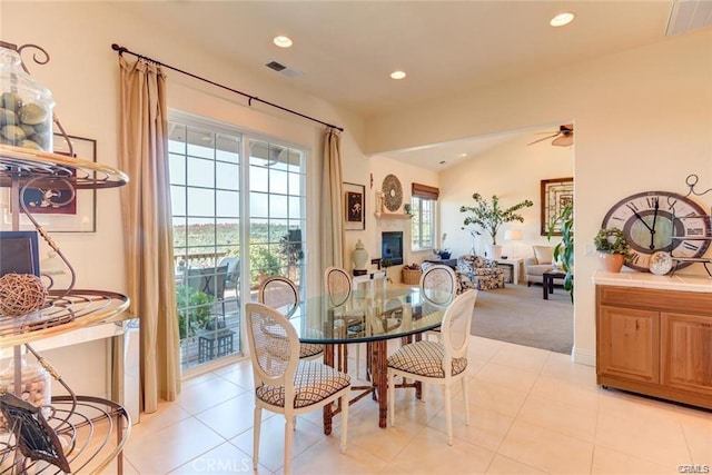 4451 Casa Sierra, Paradise, CA 95969 - dining space featuring recessed lighting, ceiling fan, light colored carpet, light tile patterned floors, and vaulted ceiling