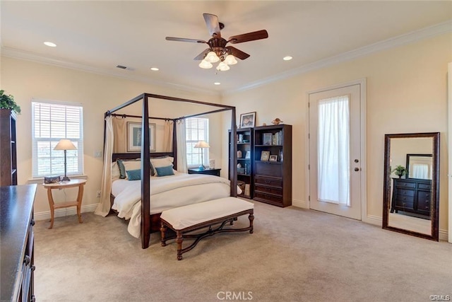 4451 Casa Sierra, Paradise, CA 95969 - bedroom with baseboards, light colored carpet, crown molding, recessed lighting, and ceiling fan