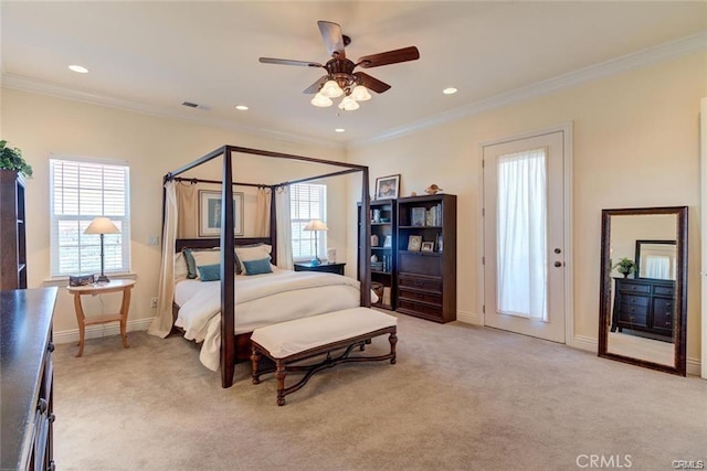 4451 Casa Sierra, Paradise, CA 95969 - bedroom with baseboards, light colored carpet, ornamental molding, recessed lighting, and ceiling fan