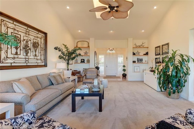 4451 Casa Sierra, Paradise, CA 95969 - carpeted living room with vaulted ceiling, a ceiling fan, recessed lighting, and baseboards