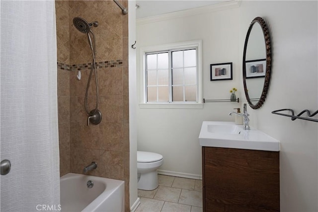 6062 Gaviota Ave, Long Beach, CA 90805 - bathroom featuring toilet, ornamental molding, vanity, tile patterned floors, and shower / bath combo