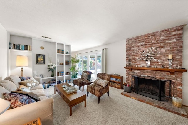 carpeted living room featuring a brick fireplace