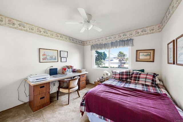 bedroom with light carpet and ceiling fan