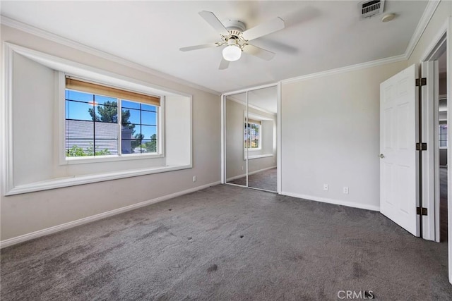 16350 Ridge View Dr, Apple Valley, CA 92307 - unfurnished bedroom with ornamental molding, baseboards, carpet flooring, and ceiling fan