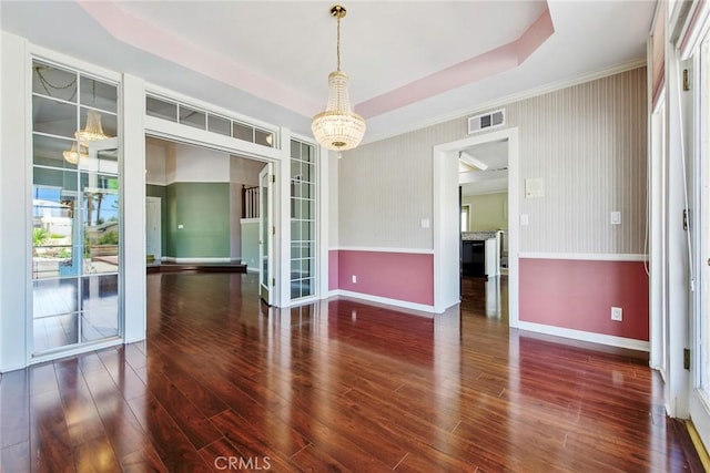16350 Ridge View Dr, Apple Valley, CA 92307 - unfurnished dining area with wood finished floors, baseboards, a chandelier, and crown molding