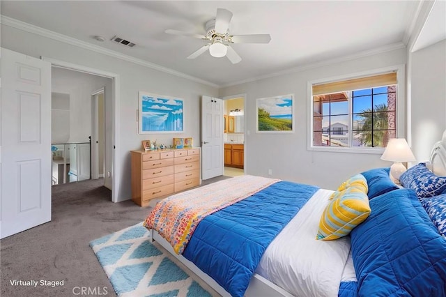 16350 Ridge View Dr, Apple Valley, CA 92307 - bedroom featuring light colored carpet, crown molding, a ceiling fan, and ensuite bath