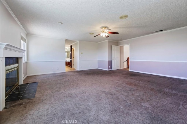 16350 Ridge View Dr, Apple Valley, CA 92307 - unfurnished living room with crown molding, a ceiling fan, a textured ceiling, carpet floors, and a fireplace