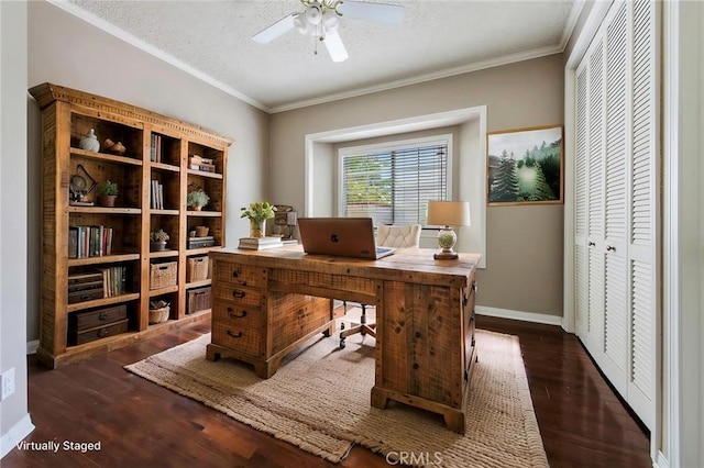 16350 Ridge View Dr, Apple Valley, CA 92307 - office space with crown molding, ceiling fan, wood finished floors, a textured ceiling, and baseboards