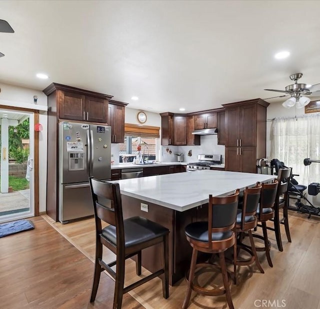 kitchen with appliances with stainless steel finishes, dark brown cabinetry, under cabinet range hood, light wood-style flooring, and ceiling fan
