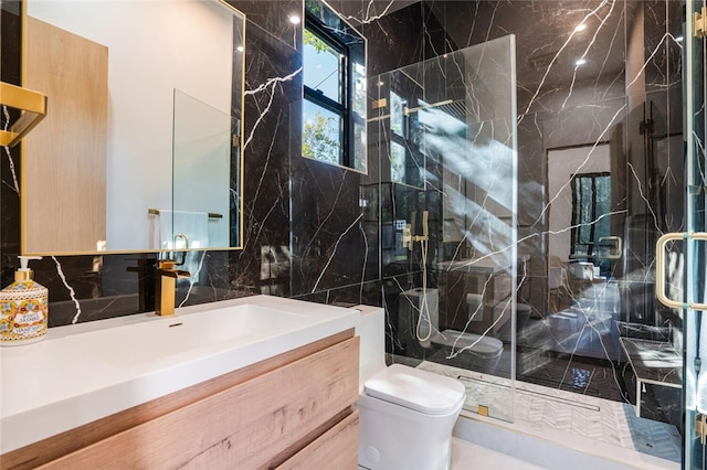 5141 Varna Ave, Sherman Oaks, CA 91423 - bathroom with tile walls, a marble finish shower, toilet, and vanity