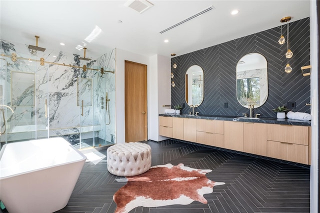 5141 Varna Ave, Sherman Oaks, CA 91423 - full bathroom featuring a marble finish shower, double vanity, recessed lighting, a freestanding tub, and tile walls