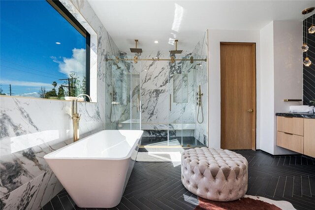 5141 Varna Ave, Sherman Oaks, CA 91423 - bathroom with a marble finish shower, a freestanding tub, vanity, and tile walls