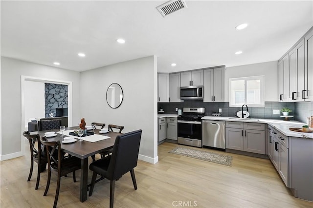 10641 Lindale St, Norwalk, CA 90650 - kitchen featuring stainless steel appliances, gray cabinets, a sink, tasteful backsplash, and recessed lighting