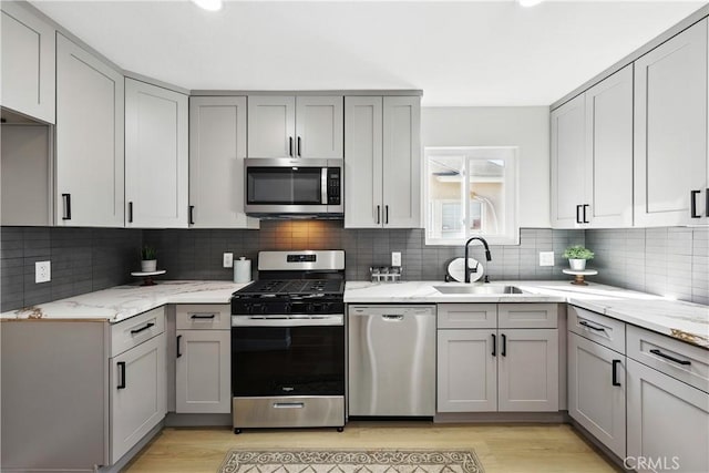 10641 Lindale St, Norwalk, CA 90650 - kitchen with stainless steel appliances, a sink, gray cabinets, and light stone countertops
