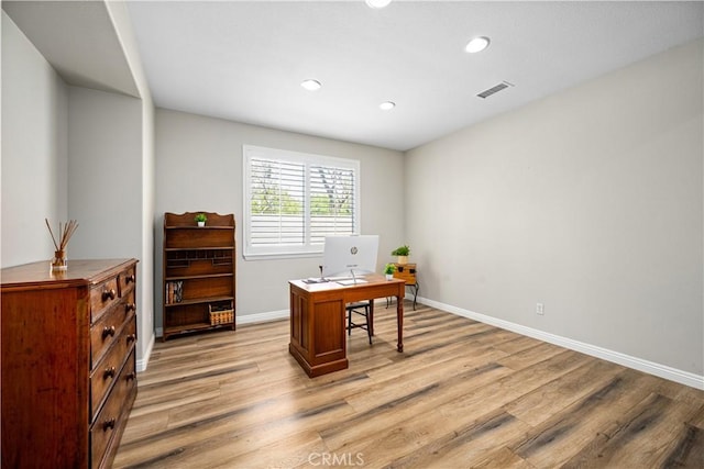 28264 Spring Creek Way, Menifee, CA 92585 - office area featuring light wood-style floors, baseboards, and recessed lighting