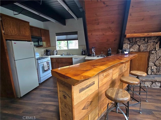 27403 Cottonwood Ln, Lake Arrowhead, CA 92317 - kitchen with white appliances, beam ceiling, dark wood-style flooring, wooden counters, and wood ceiling