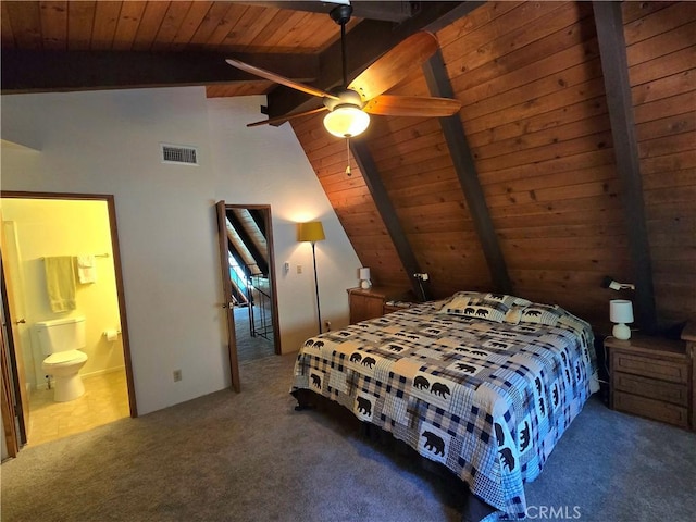 27403 Cottonwood Ln, Lake Arrowhead, CA 92317 - bedroom with wooden ceiling, carpet, and ensuite bathroom