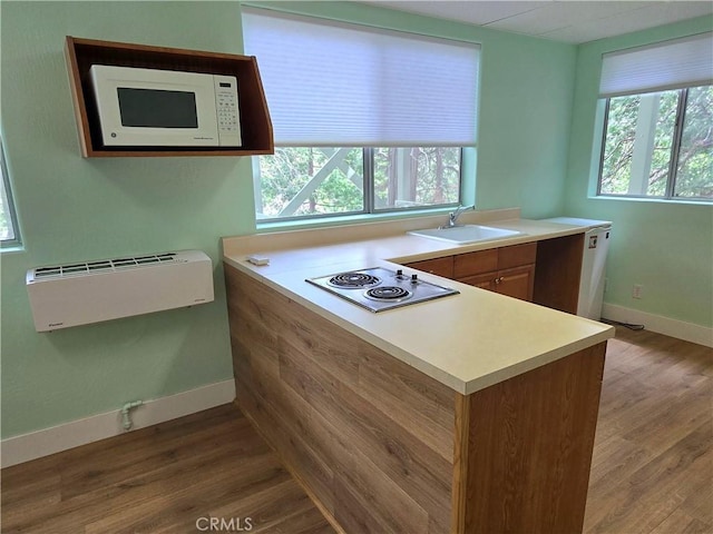 27403 Cottonwood Ln, Lake Arrowhead, CA 92317 - kitchen featuring white microwave, stainless steel electric cooktop, a sink, and wood finished floors