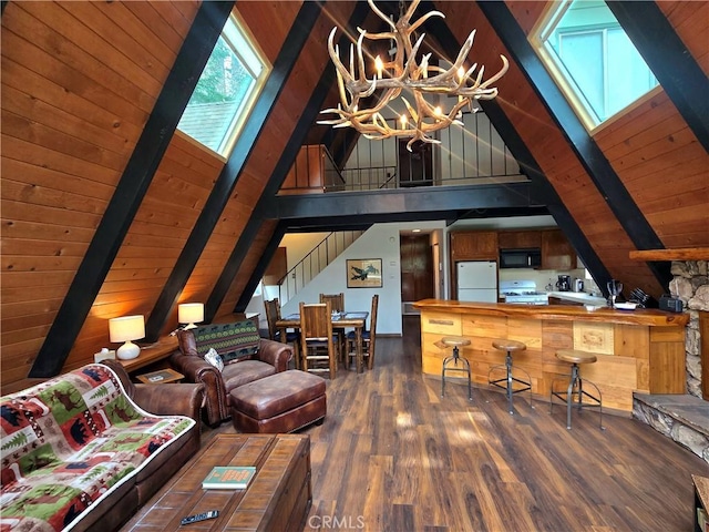27403 Cottonwood Ln, Lake Arrowhead, CA 92317 - living room with wood ceiling, a chandelier, wood finished floors, and stairs