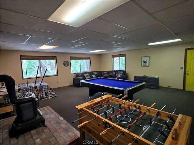 27403 Cottonwood Ln, Lake Arrowhead, CA 92317 - playroom featuring a wood stove, a paneled ceiling, billiards, baseboards, and carpet