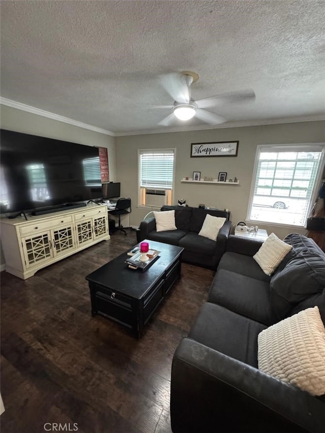 6045 Harding Ave, South Gate, CA 90280 - living area featuring crown molding, a ceiling fan, a textured ceiling, plenty of natural light, and wood finished floors