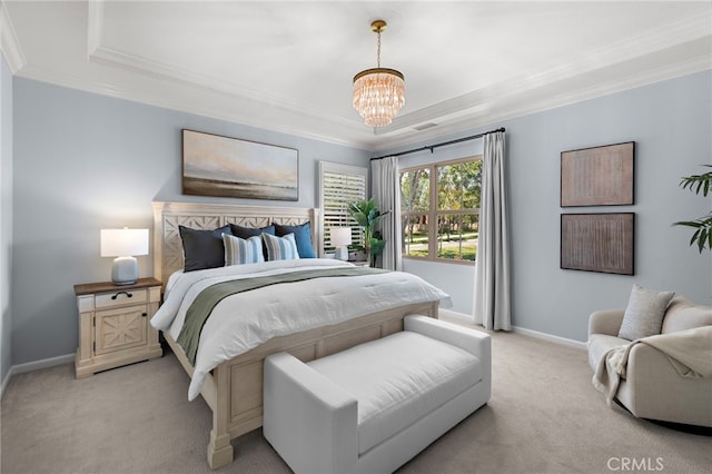 21 Fanpalm, Irvine, CA 92620 - bedroom with light colored carpet, ornamental molding, a chandelier, baseboards, and a raised ceiling
