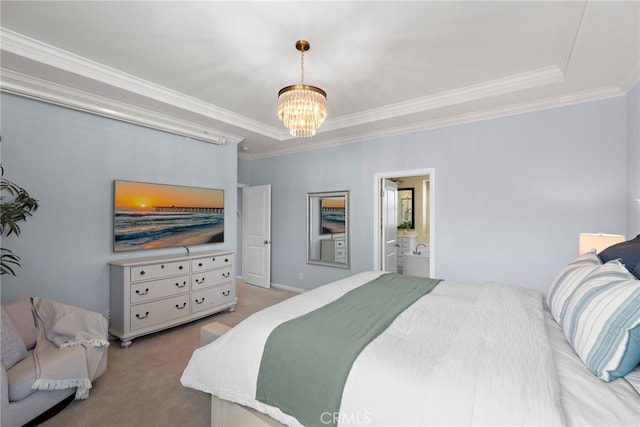21 Fanpalm, Irvine, CA 92620 - carpeted bedroom with a chandelier, crown molding, a raised ceiling, and ensuite bathroom