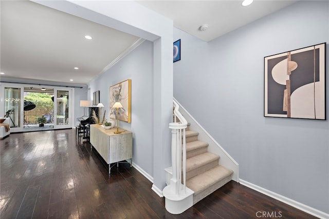 21 Fanpalm, Irvine, CA 92620 - staircase featuring ornamental molding, hardwood / wood-style floors, baseboards, and recessed lighting