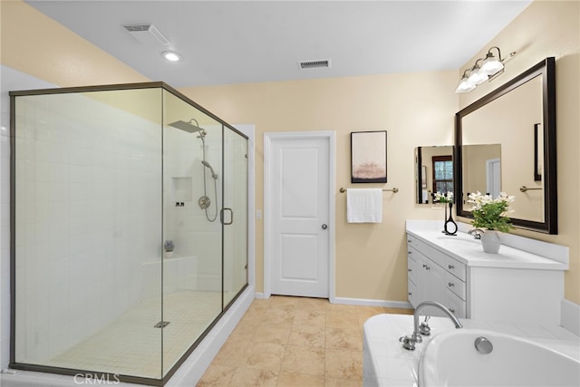 21 Fanpalm, Irvine, CA 92620 - full bath featuring a shower stall, a bath, baseboards, vanity, and tile patterned flooring