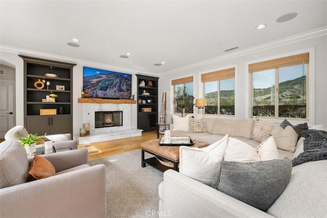 31740 Via Pamplona, San Juan Capistrano, CA 92675 - living room with ornamental molding, built in shelves, wood finished floors, recessed lighting, and a premium fireplace