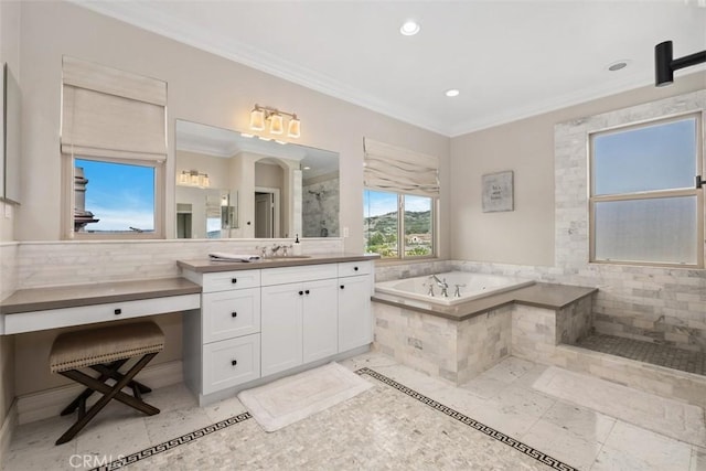 31740 Via Pamplona, San Juan Capistrano, CA 92675 - full bath featuring crown molding, a garden tub, tiled shower, vanity, and recessed lighting