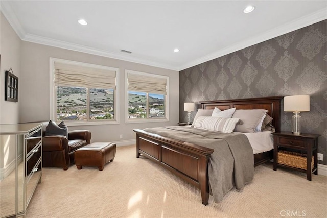 31740 Via Pamplona, San Juan Capistrano, CA 92675 - bedroom featuring light carpet, wallpapered walls, crown molding, recessed lighting, and baseboards