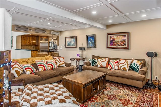 1585 E Ocean Blvd, Newport Beach, CA 92661 - living room featuring coffered ceiling and recessed lighting
