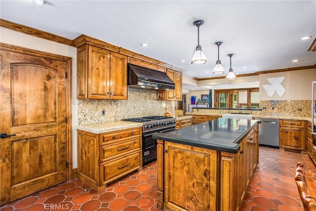 1585 E Ocean Blvd, Newport Beach, CA 92661 - kitchen with range with two ovens, exhaust hood, stainless steel dishwasher, ornamental molding, and tasteful backsplash