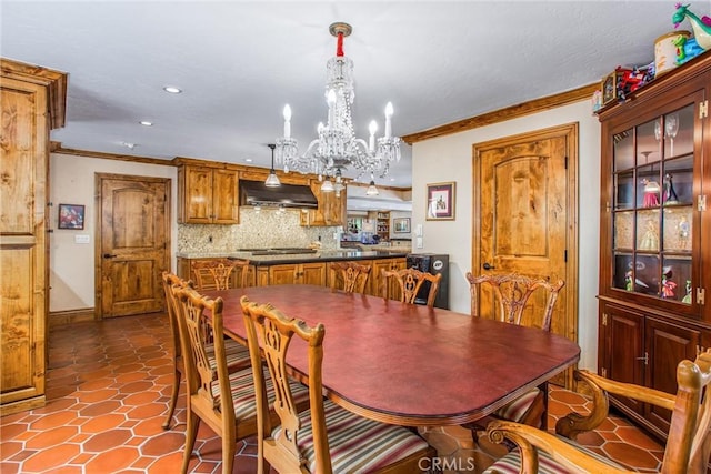 1585 E Ocean Blvd, Newport Beach, CA 92661 - dining area with ornamental molding, a chandelier, and recessed lighting