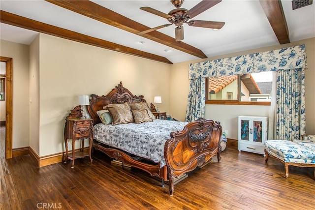 1585 E Ocean Blvd, Newport Beach, CA 92661 - bedroom featuring beamed ceiling, hardwood / wood-style flooring, and ceiling fan