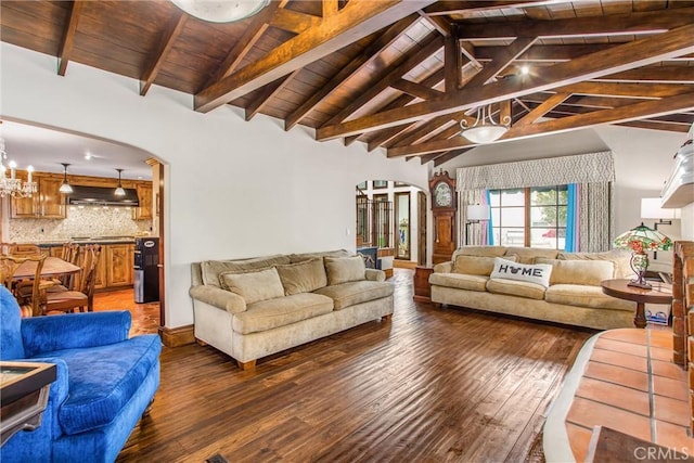 1585 E Ocean Blvd, Newport Beach, CA 92661 - living area featuring arched walkways, hardwood / wood-style floors, and wood ceiling