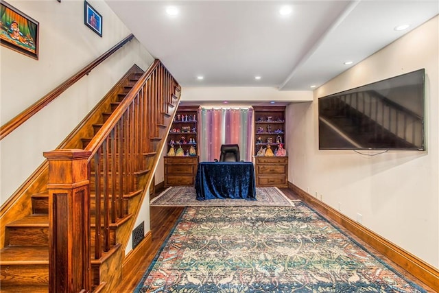 1585 E Ocean Blvd, Newport Beach, CA 92661 - stairs with wood finished floors and recessed lighting