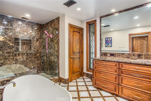 1585 E Ocean Blvd, Newport Beach, CA 92661 - full bath featuring a freestanding tub, vanity, a tile shower, tile patterned floors, and recessed lighting