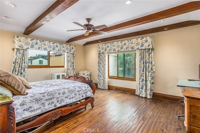 1585 E Ocean Blvd, Newport Beach, CA 92661 - bedroom featuring beam ceiling, wood finished floors, recessed lighting, and ceiling fan